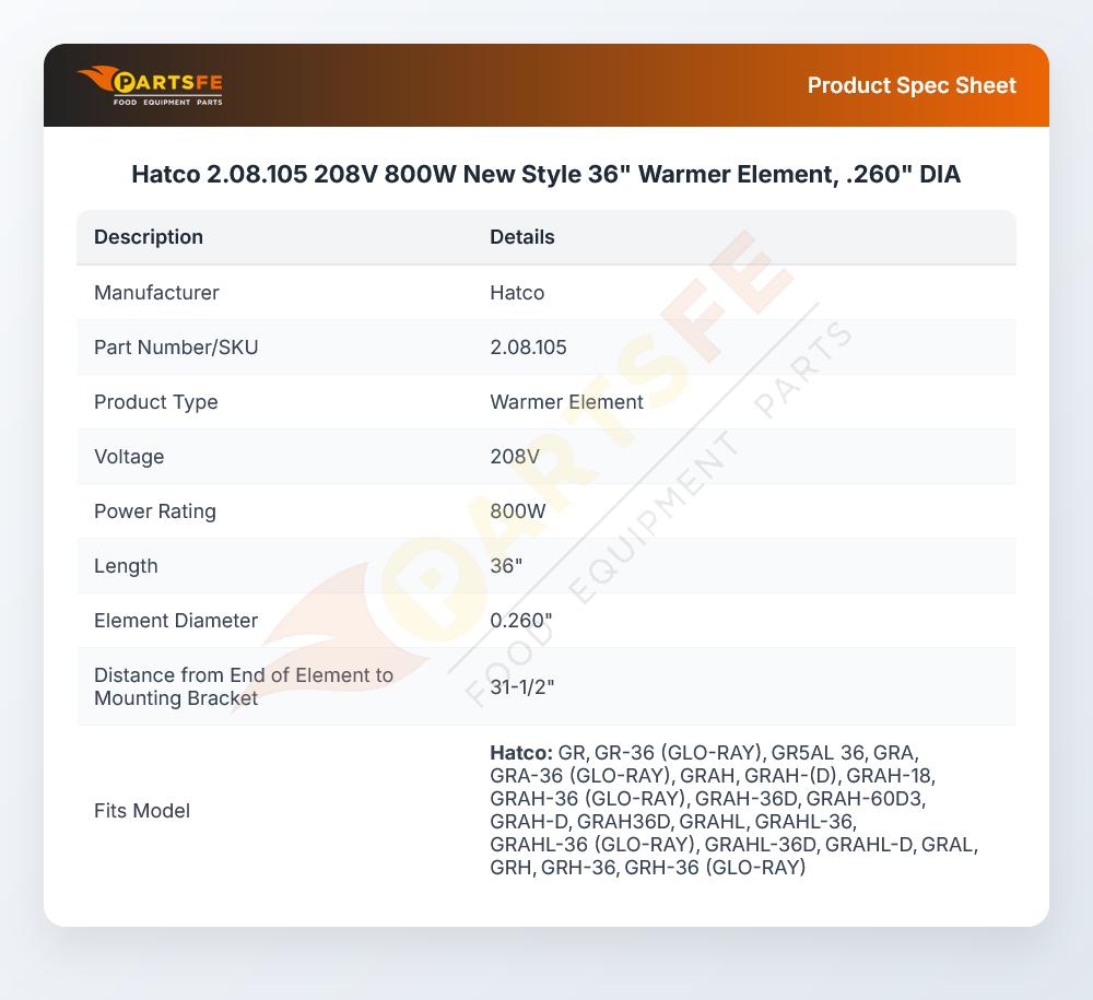Hatco 2.08.105 208V 800W New Style 36" Warmer Element, .260" DIA