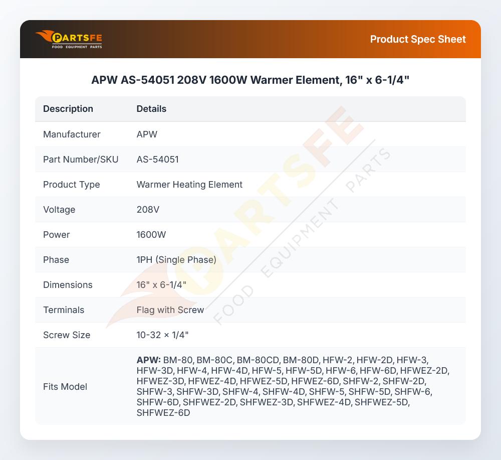 APW AS-54051 208V 1600W Warmer Element, 16" x 6-1/4"