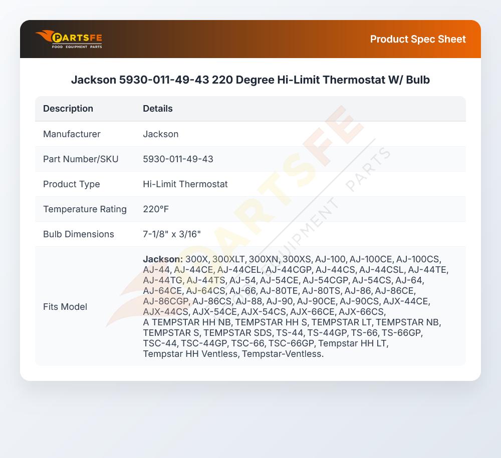 Jackson 5930-011-49-43 High Limit Thermostat 220&deg;F