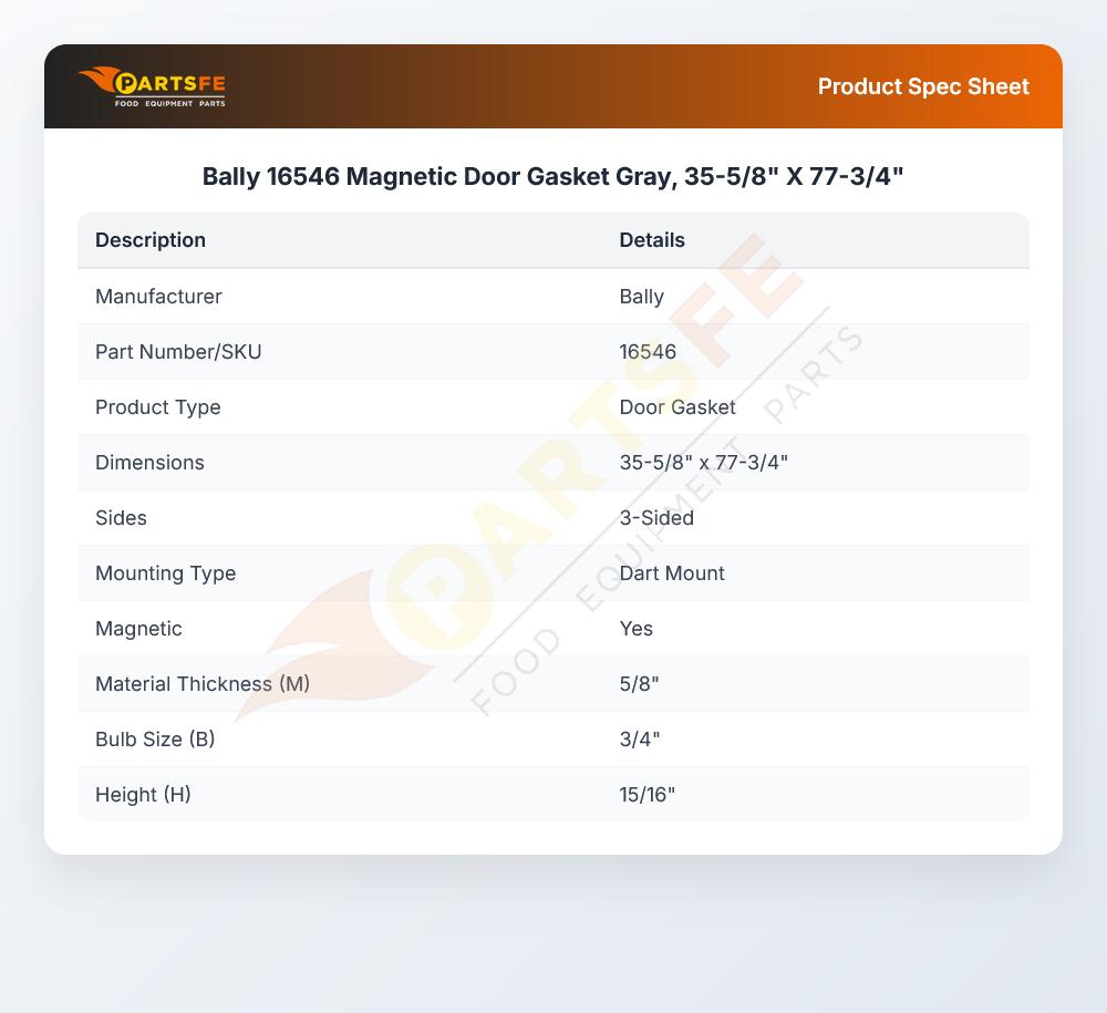 Bally 16546 Magnetic Door Gasket Gray,  35-5/8" X 77-3/4"