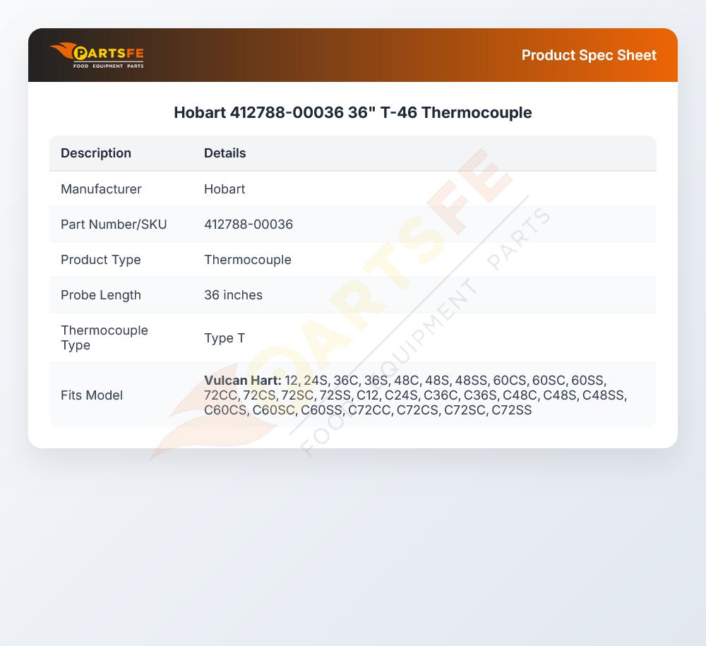 Hobart 412788-00036 36" T-46 Thermocouple