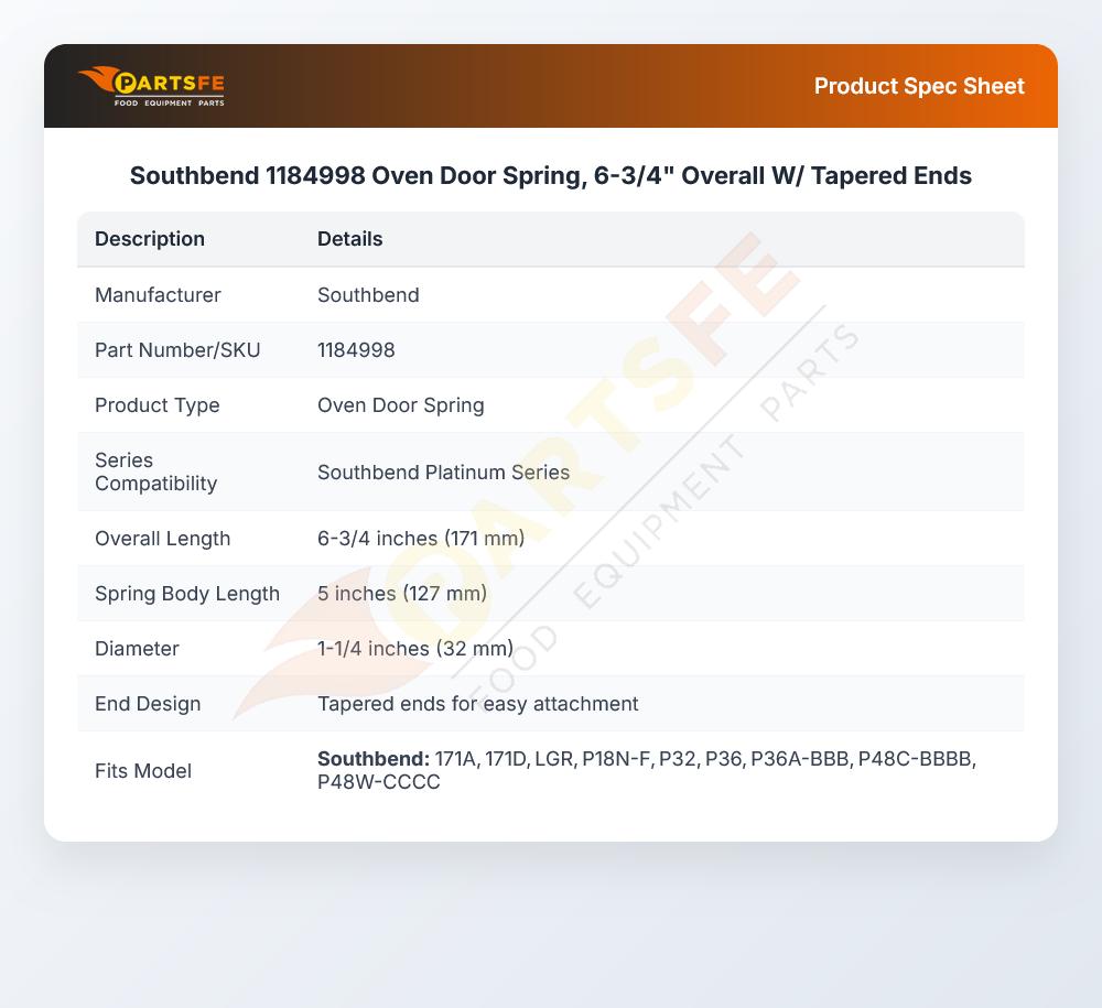 Southbend 1184998 Oven Door Spring, 6-3/4" Overall W/ Tapered Ends