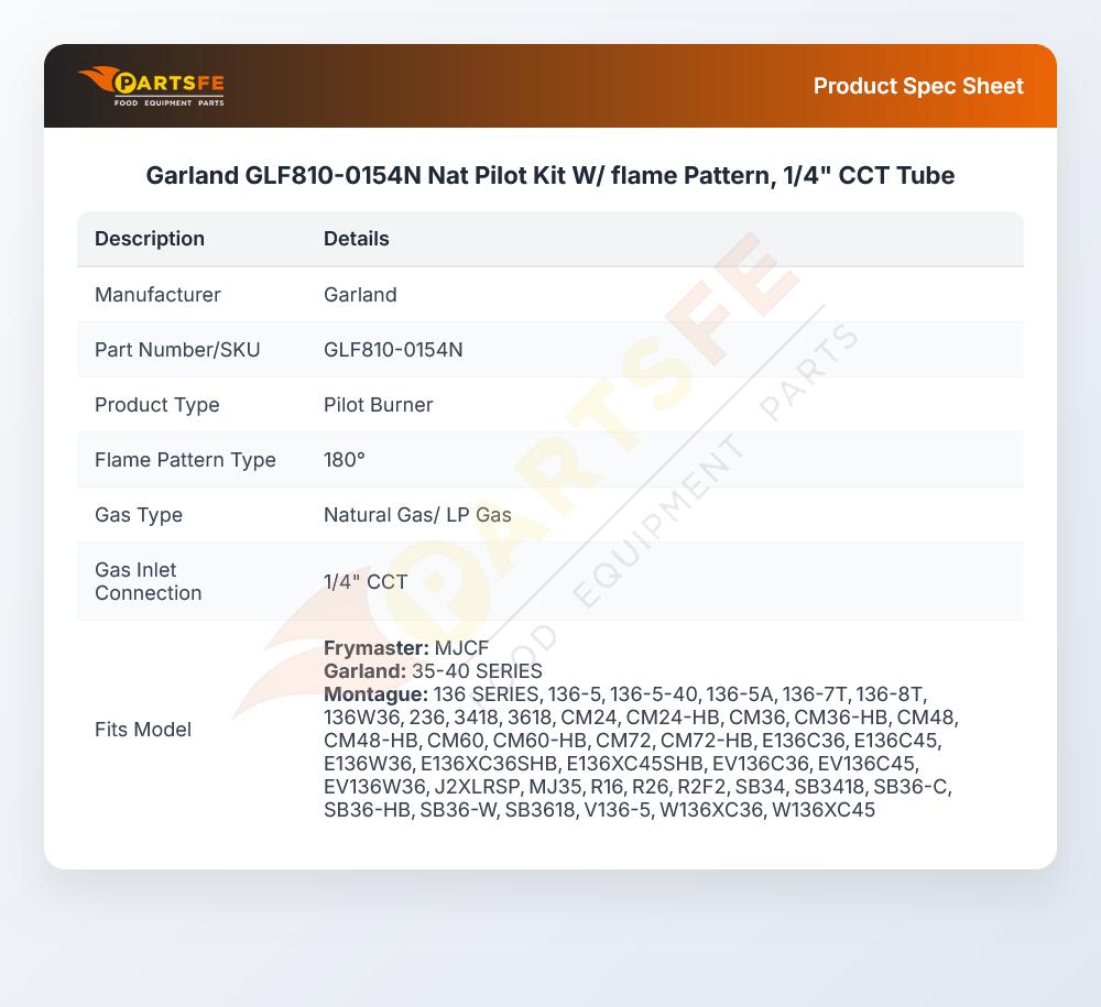 Garland GLF810-0154N Nat Pilot Kit W/ flame Pattern, 1/4" CCT Tube