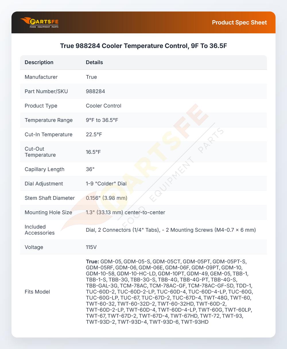 True 988284 Cooler Temperature Control, 9F To 36.5F