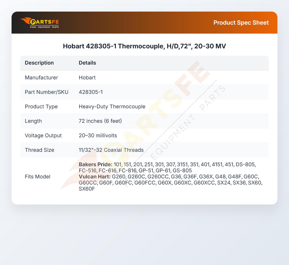 Hobart 428305-1 Thermocouple, H/D,72", 20-30 MV