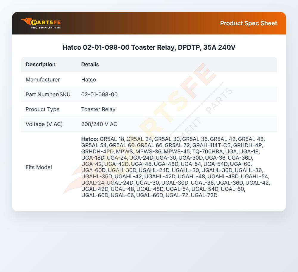 Hatco 02-01-098-00 Toaster Relay, DPDTP, 35A 240V
