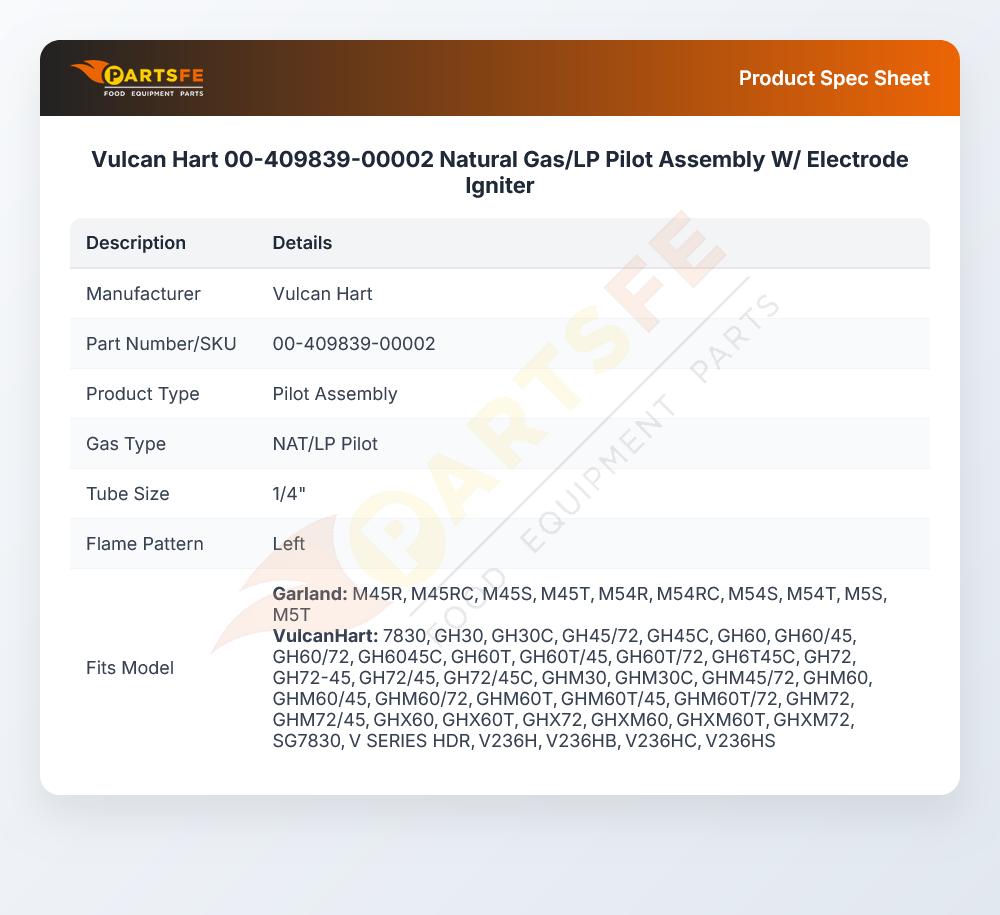 Vulcan Hart 00-409839-00002 Natural Gas/LP Pilot Assembly W/ Electrode Igniter