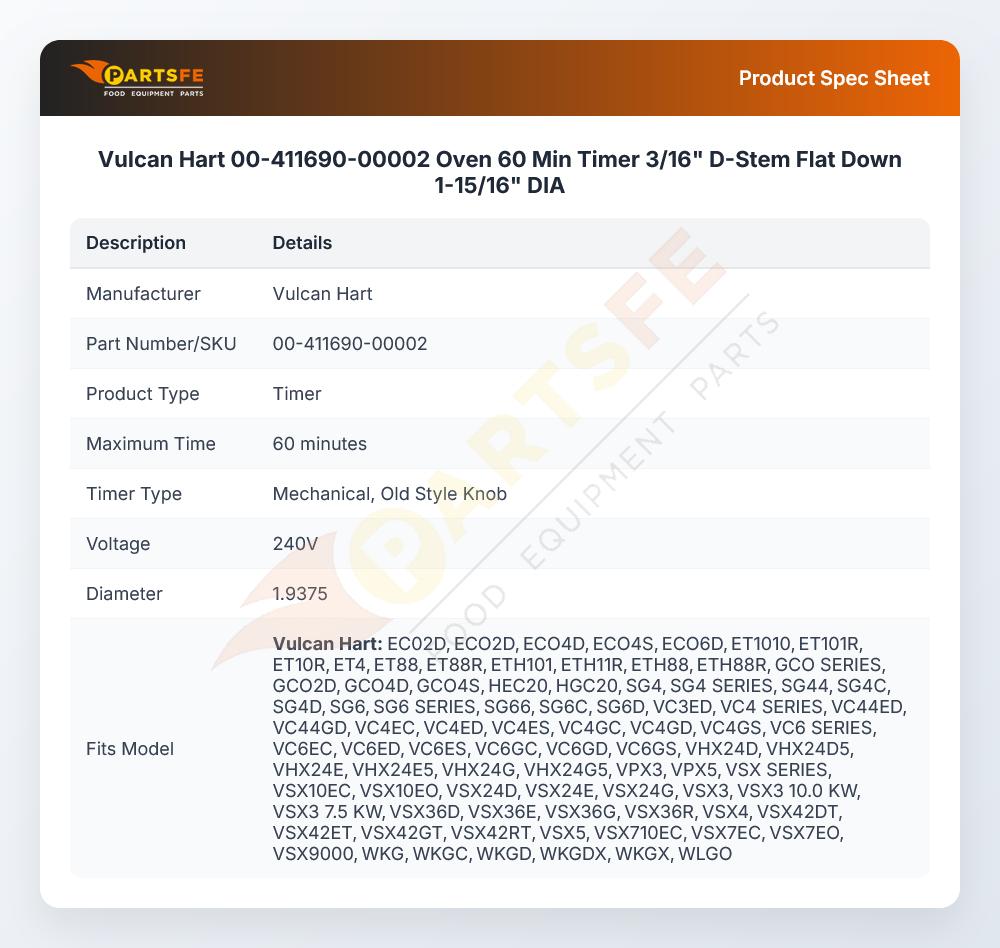 Vulcan Hart 00-411690-00002 Oven 60 Min Timer 3/16" D-Stem Flat Down 1-15/16" DIA
