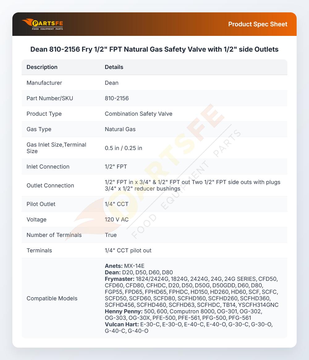 Dean 810-2156 Safety Control Valve NG 1/2" FPT IN X 3/4" FPT Out 120V