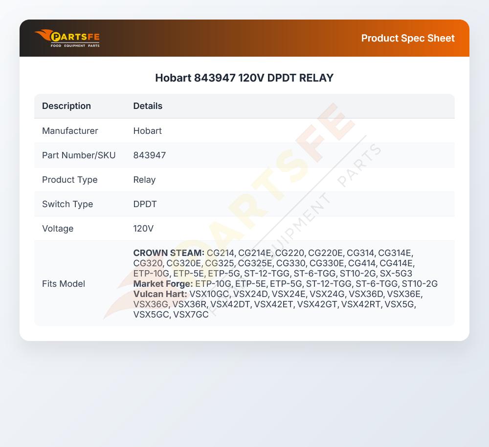 Hobart 843947 Gas Broiler Relay DPDT 120V