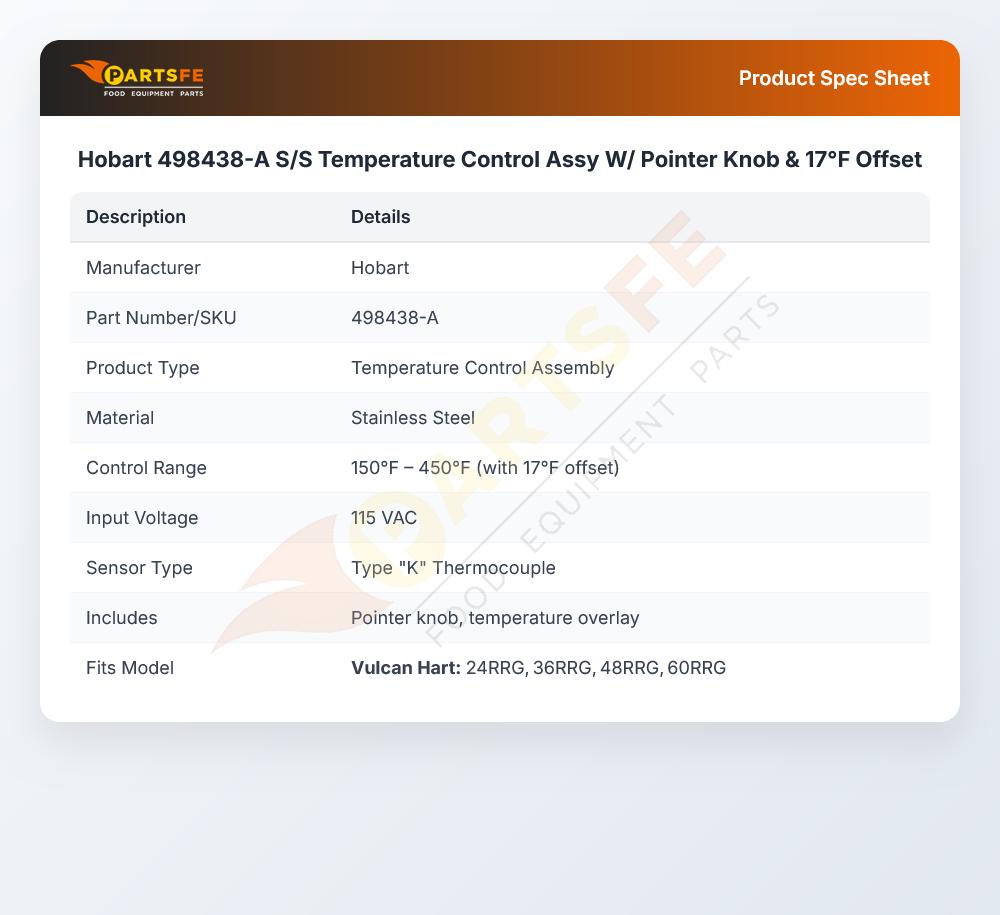 Hobart 498438-A Temperature Control Assembly W/Pointer Knob SS 17&deg;F Offset