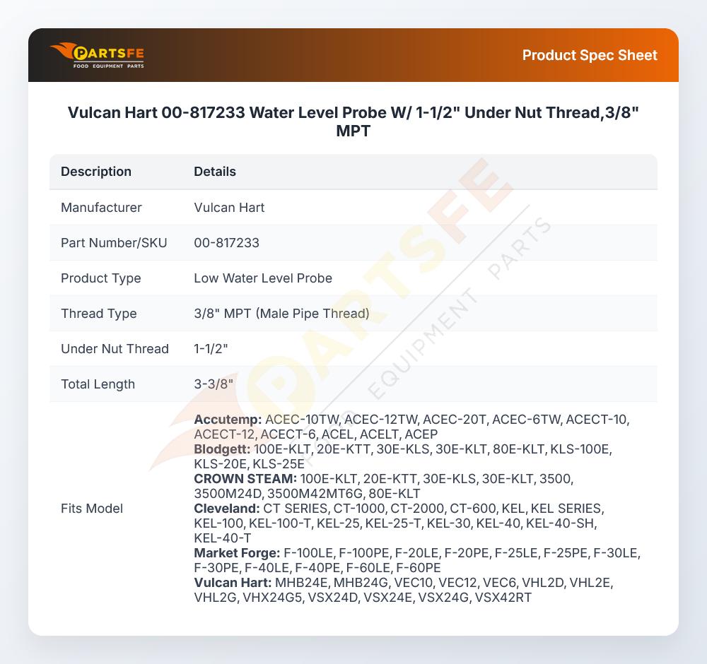 Vulcan Hart 00-817233 Water Level Probe W/ 1-1/2" Under Nut Thread,3/8" MPT