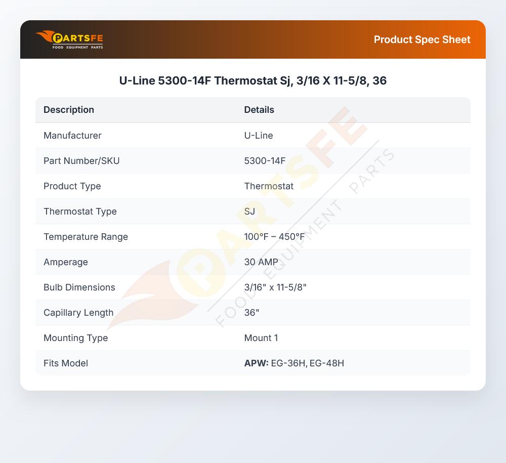U-Line 5300-14F Thermostat Sj, 3/16 X 11-5/8, 36