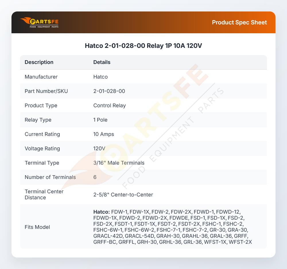Hatco 2-01-028-00 Relay 1P 10A 120V