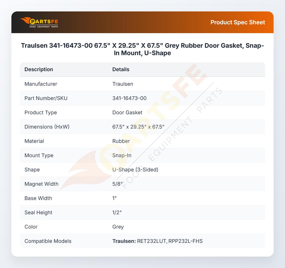 Traulsen 341-16473-00 Refrigerator Door Gasket Grey Rubber Snap-In Mount U-Shape 29.25" X 67.5"