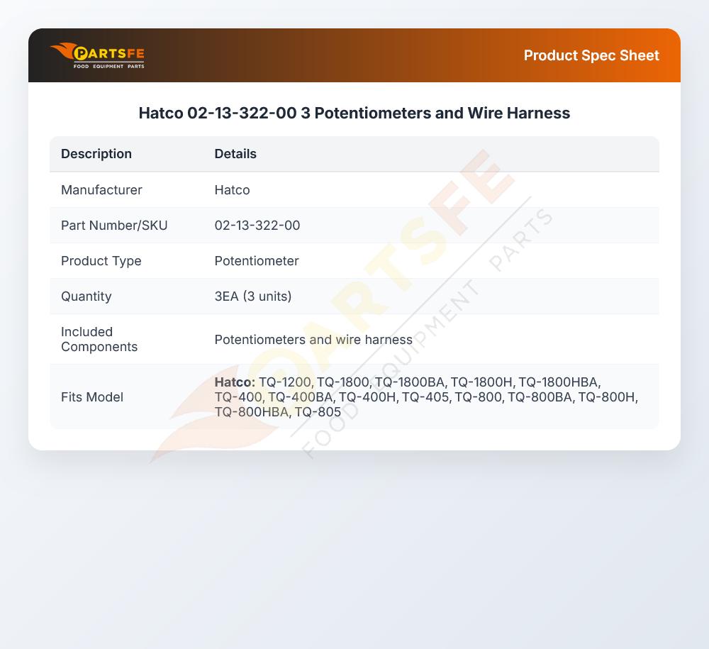 Hatco 02-13-322-00 3 Potentiometers and Wire Harness