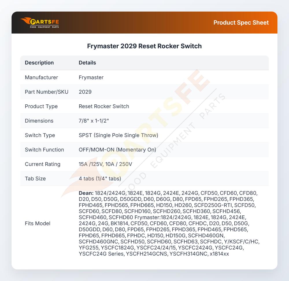 Frymaster 2029 Fryer Reset Rocker Switch 250V