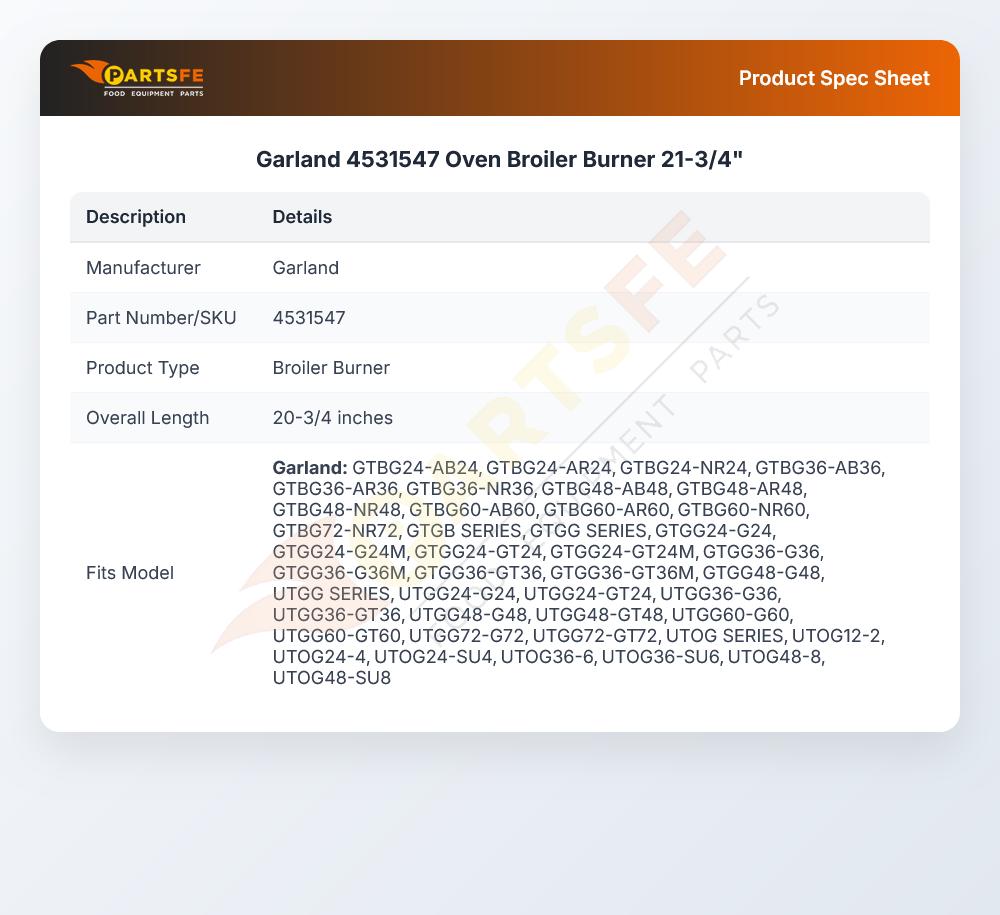 Garland 4531547 Oven Broiler Burner 21-3/4"