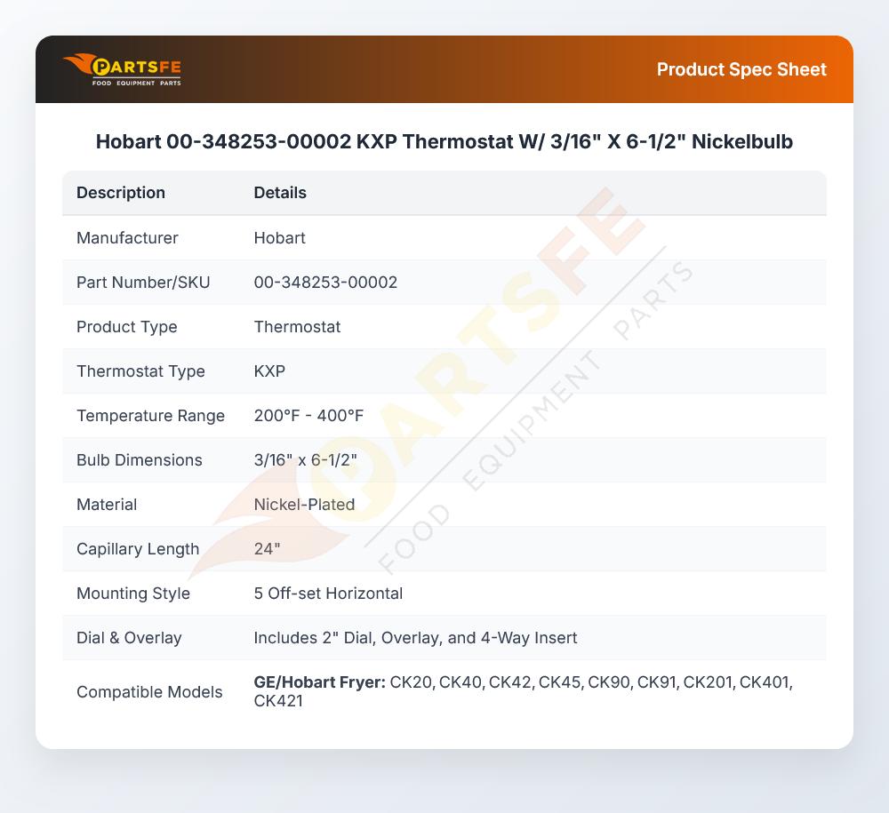 Hobart 00-348253-00002 KXP Thermostat W/ 3/16" X 6-1/2" Nickelbulb