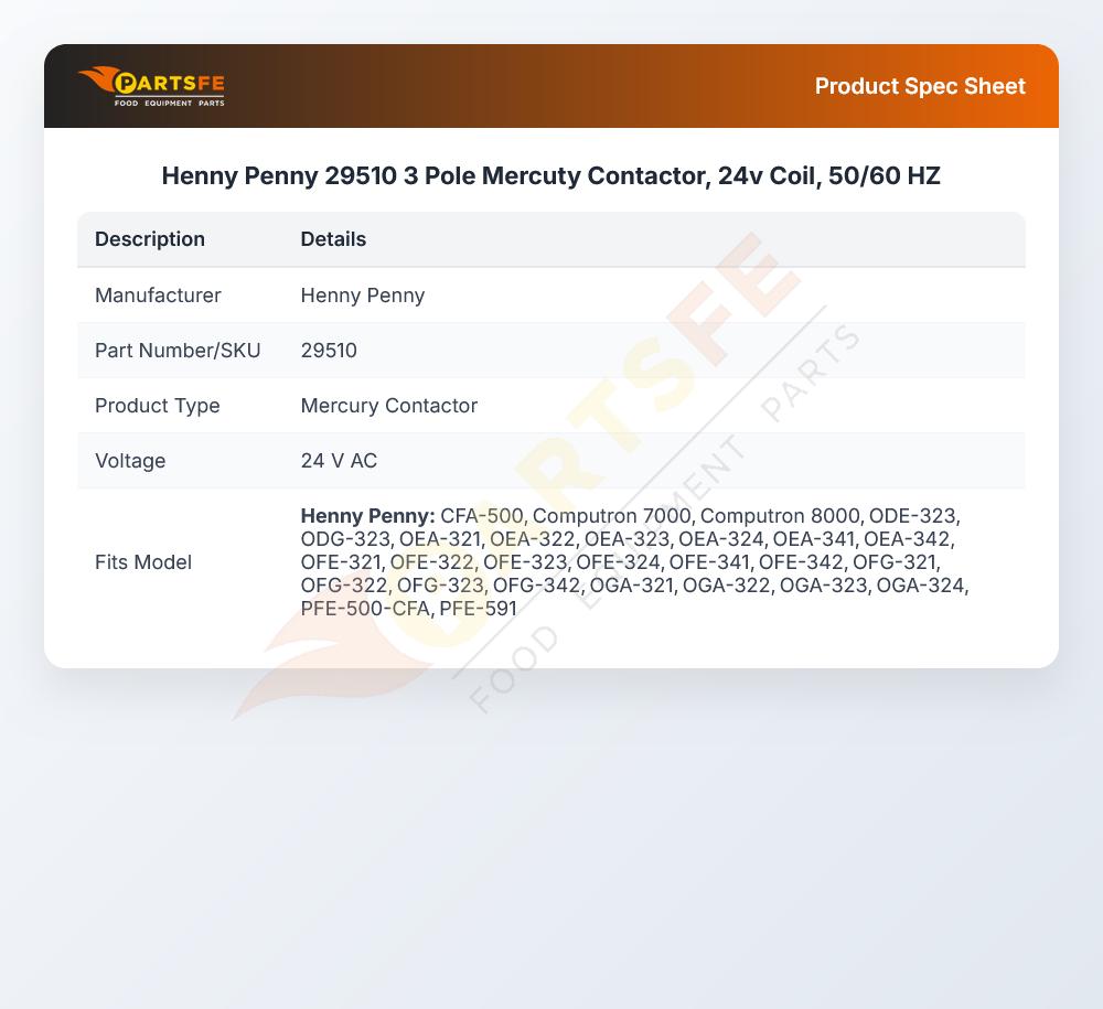 Henny Penny 29510 Pressure Fryer Mercury Contactor 24 VAC