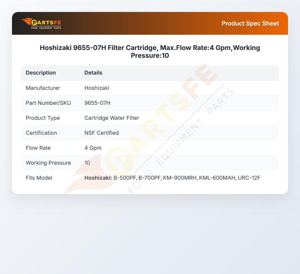 Hoshizaki 9655-07H Filter Cartridge, Max.Flow Rate:4 Gpm,Working Pressure:10