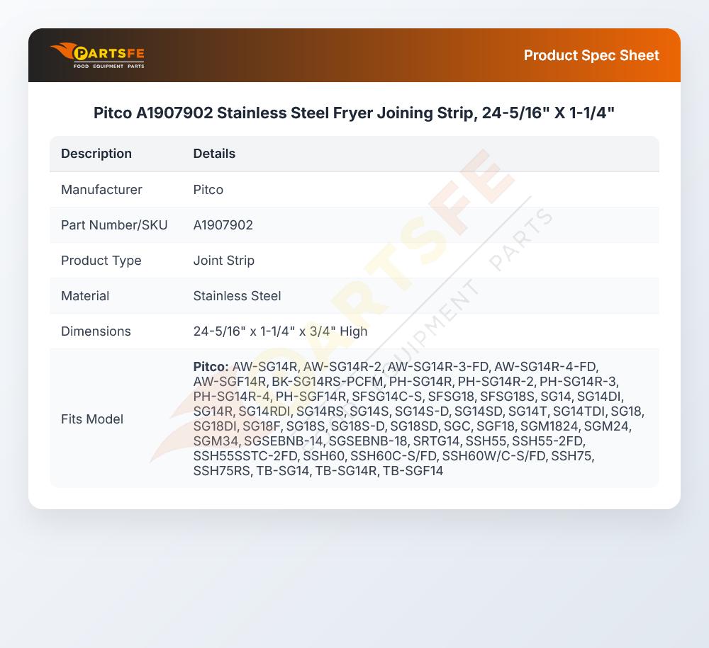 Pitco A1907902 Stainless Steel Fryer Joining Strip, 24-5/16" X 1-1/4"