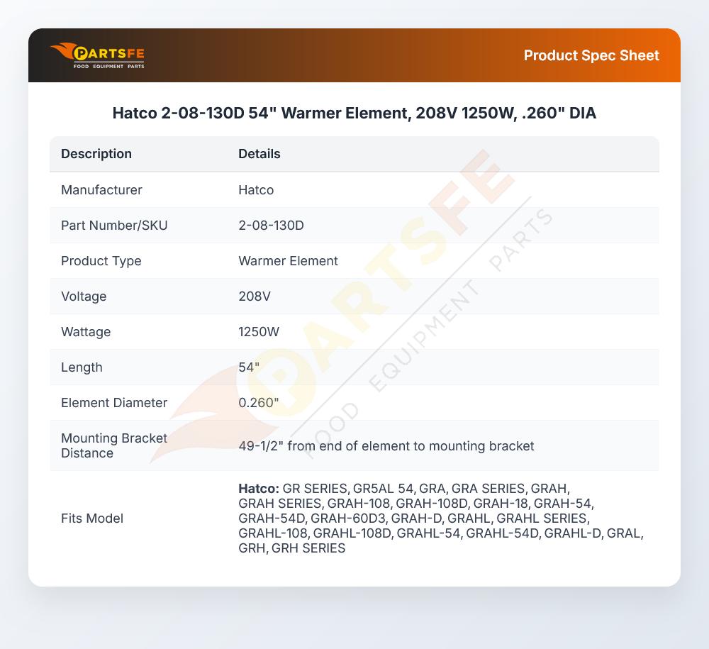 Hatco 2-08-130D 54" Warmer Element, 208V 1250W,  .260" DIA