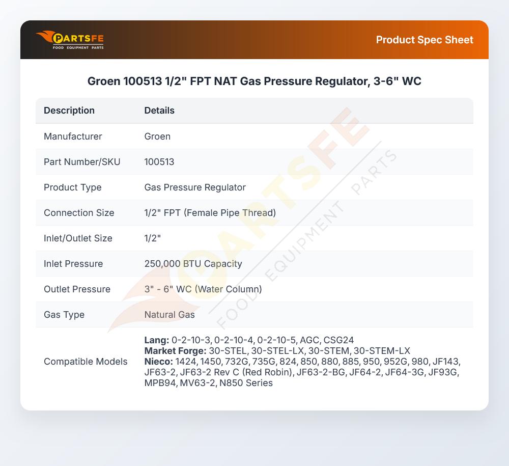 Groen 100513 1/2" FPT NAT Gas Pressure Regulator, 3-6" WC