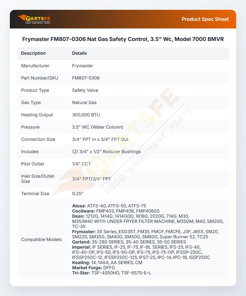 Frymaster FM807-0306 Natural Gas Safety Control Valve 3.5" WC Model 7000BMVR
