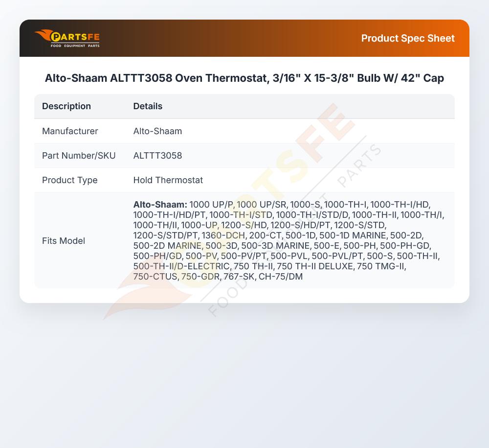 Alto-Shaam ALTTT3058 Oven Thermostat, 3/16" X 15-3/8" Bulb W/ 42" Cap