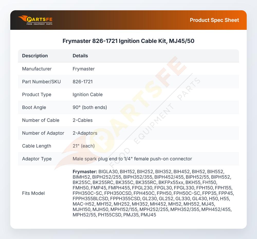 Frymaster 826-1721 Ignition Cable Kit, MJ45/50