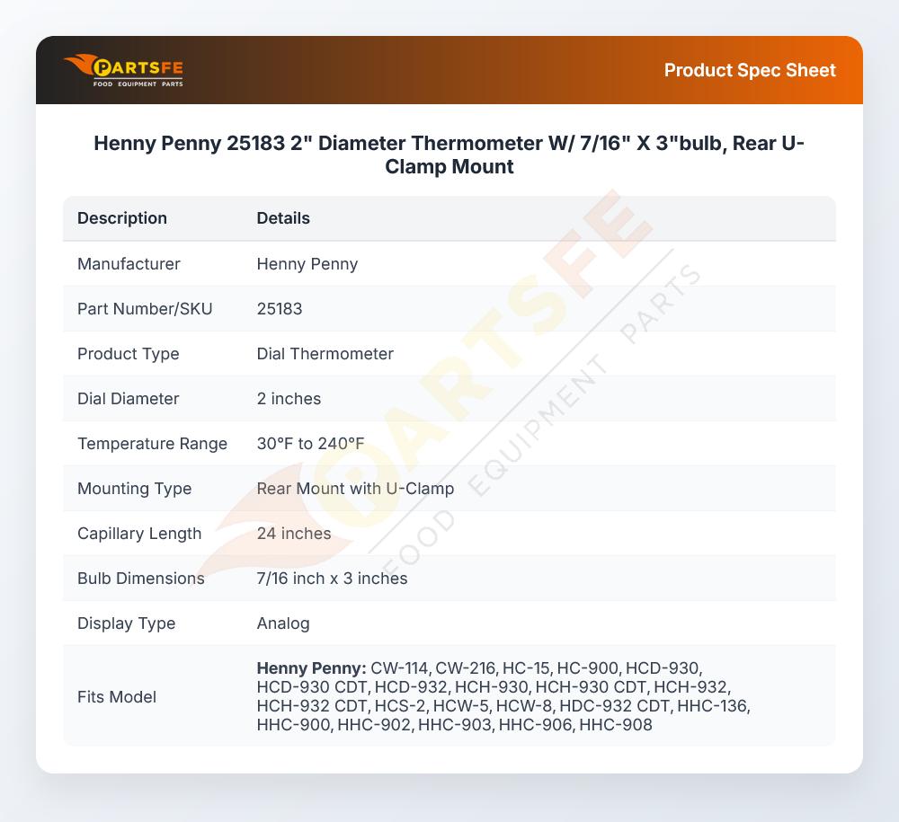 Henny Penny 25183 2" Diameter Thermometer W/ 7/16" X 3"bulb,  Rear U-Clamp Mount