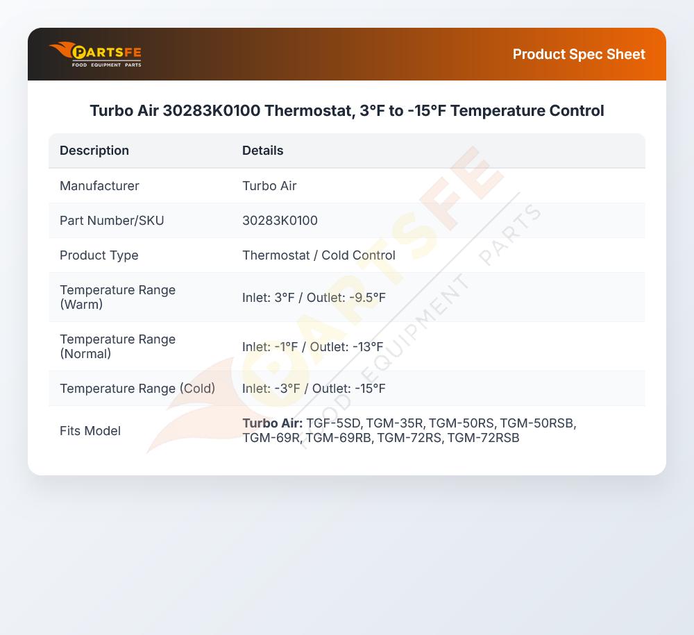 Turbo Air 30283K0100 Cold Temperature Control Ranco