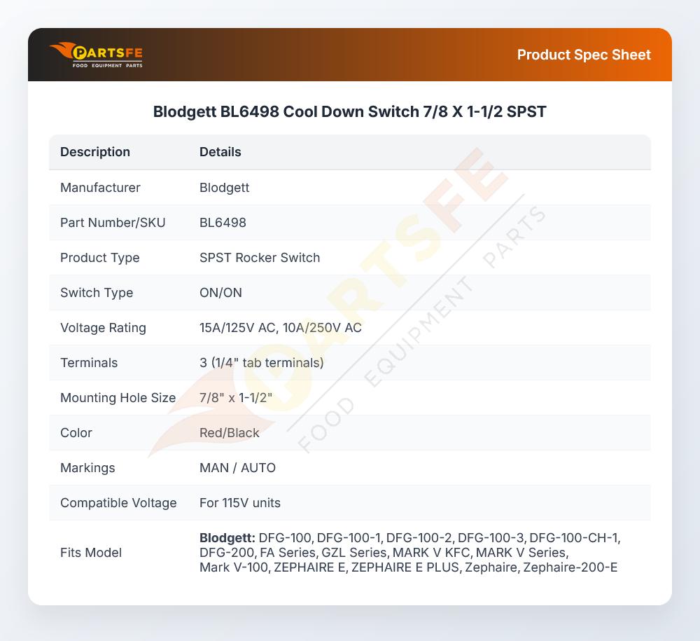 Blodgett BL6498 Cool Down Switch 7/8 X 1-1/2 SPST