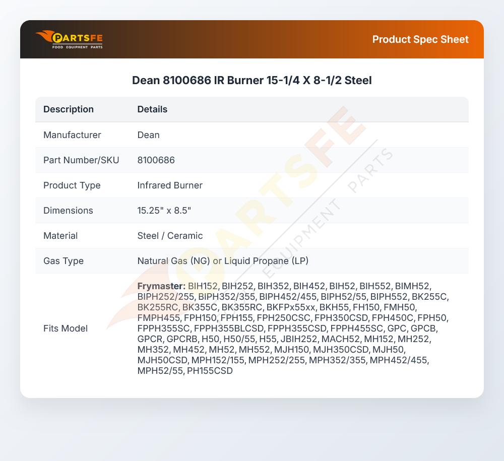 Dean 8100686 Fryer Infrared Burner Steel 15-1/4" X 8-1/2"