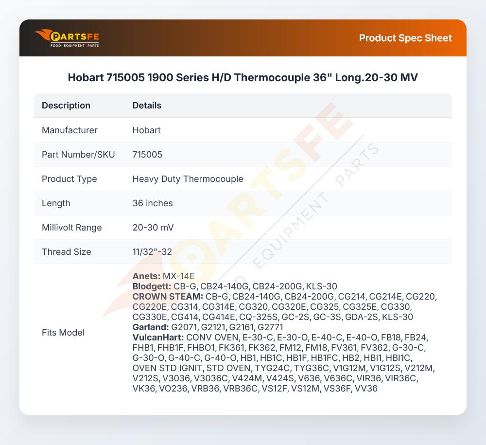 Hobart 715005 1900 Series H/D Thermocouple 36" Long.20-30 MV