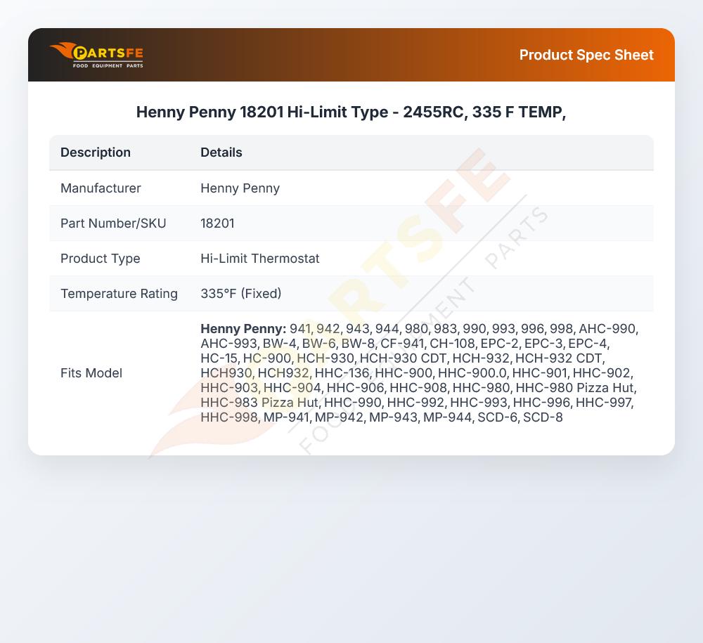 Henny Penny 18201 Holding Cabinet High Limit Thermostat 335&deg;F