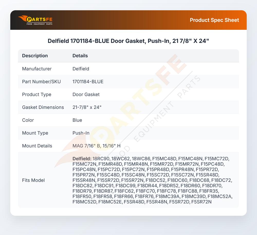 Delfield 1701184-BLUE Door Gasket, Push-In, 21 7/8" X 24"