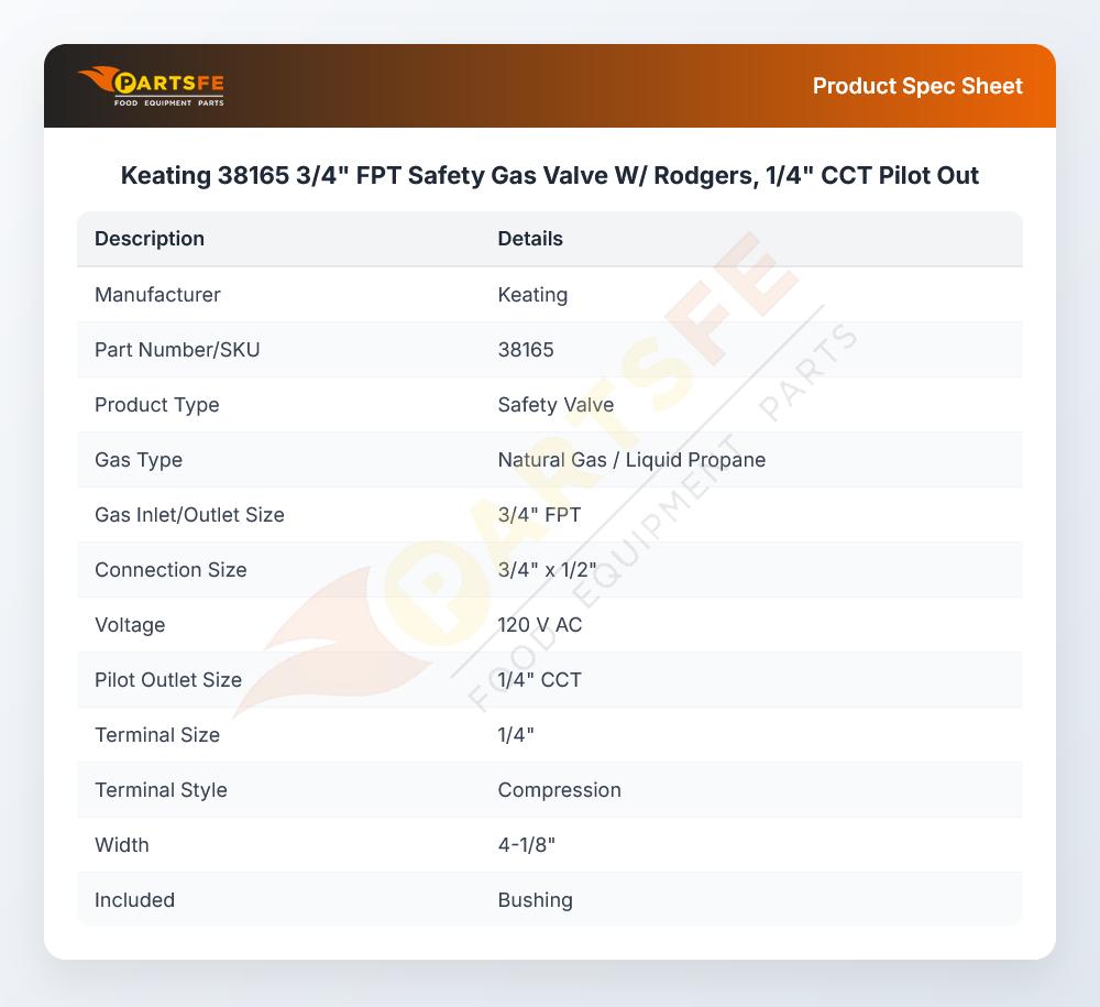 Keating 38165 Braising Pan Gas Valve Natural/LP 3/4" FPT 120V