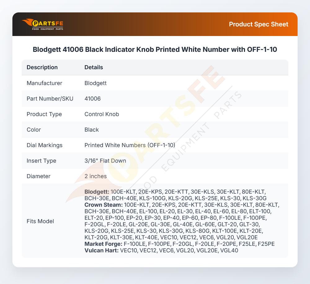 Blodgett 41006 Black Indicator Knob Printed White Number with OFF-1-10